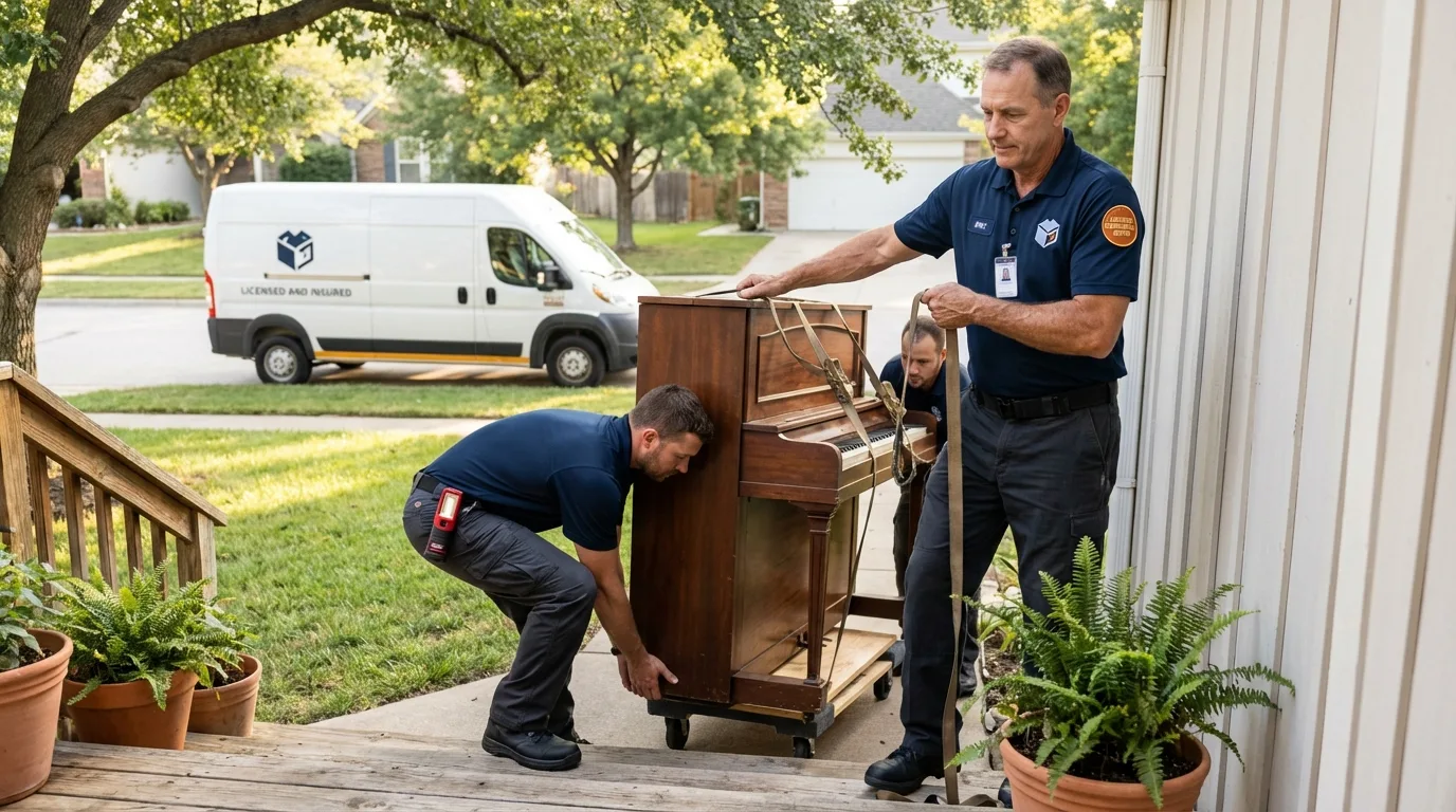Licensed piano movers securing grand piano in Lenexa, KS