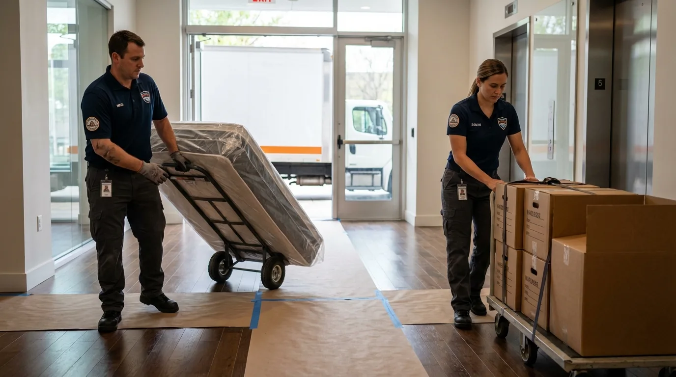 Professional apartment movers loading elevator in Lenexa, KS